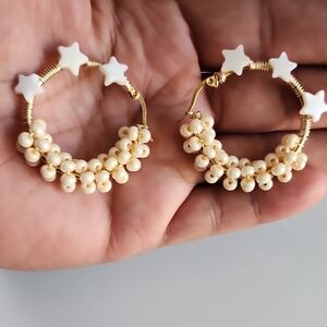 Chic Gold and Cream Star Hoop Earrings NWOT